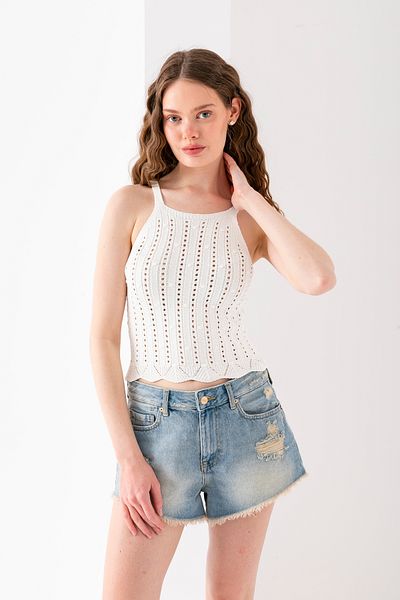 T Crazy T-Crazy Halter Neckline Pompon Knit Strap Stylish Crop, Breathable Woven Crop, Woven Blouse, Knitwear Crop