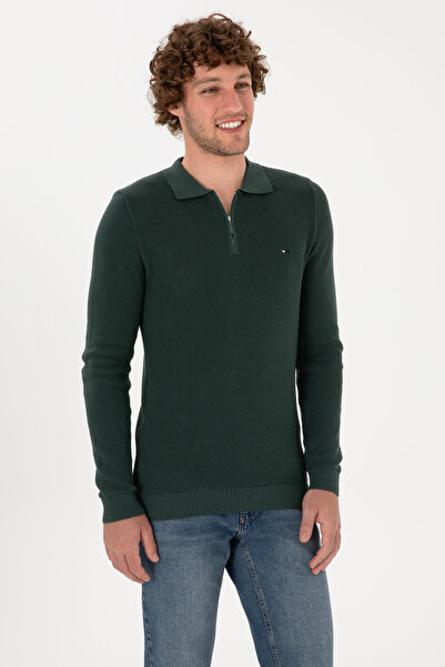 U.S. Polo Assn. Erkek Regular Fit Fermuarlı Koyu Yeşil Basic Kazak 50313685-VR079