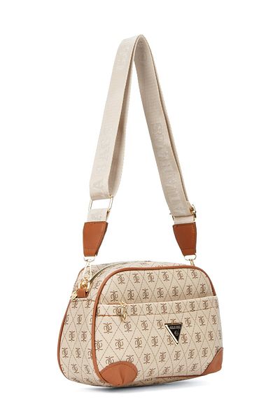 Newish Women's Beige Tan Monogram Patterned Long Strap Cross Shoulder Bag