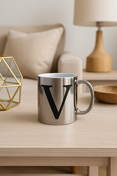 çokaş Letter V Text Printed Silver Color Large Size Mug Cup