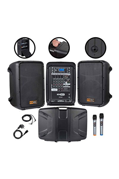 Hepa-Merz Potent Kompakt Portatif Ses Sistemi Mixer Çift Hoparlör ve Çift Mik...