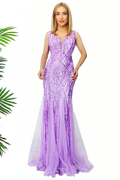 FashionForYou Evening dress, mermaid style, Fabyola, with sequins and veil inserts, Purple, S/M