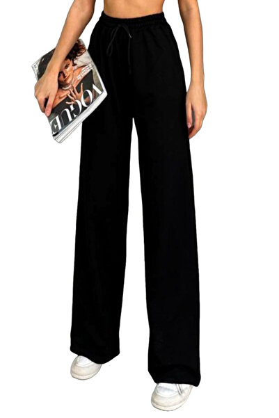 FashionForYou Pantaloni casual HIKE, croiala wide leg si snur in talie, Negru