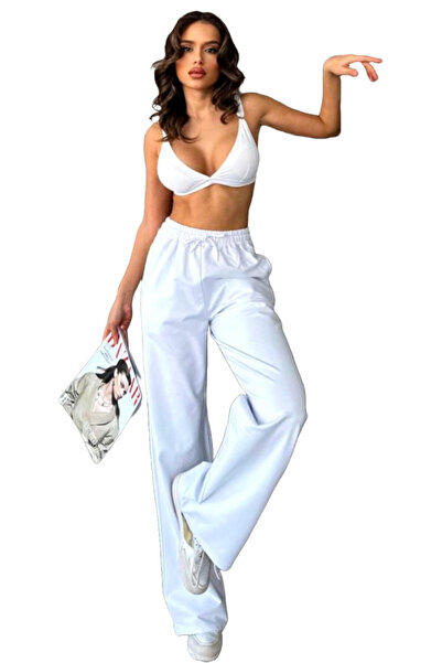 FashionForYou Pantaloni casual HIKE, croiala wide leg si snur in talie, Alb
