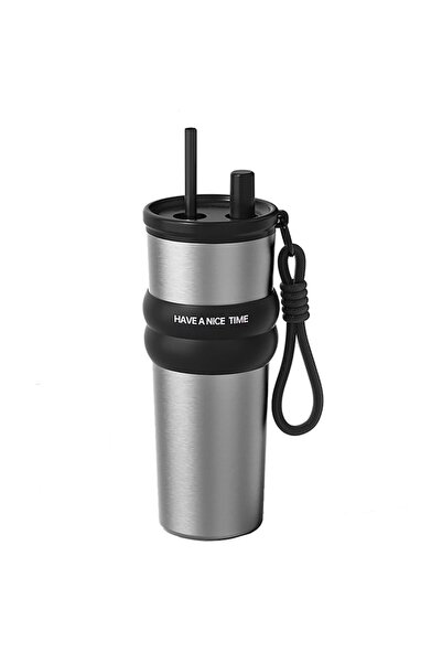 SOHO Thermos for Hot and Cold Drinks, 710ml, Stainless Steel, Straw Included, Silver