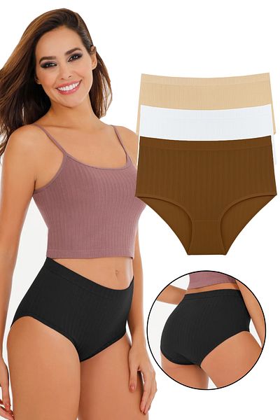 Sensu Copy - Women's Ribbed Soft Colors 3-Piece High Waist Panties Set - Kts4054