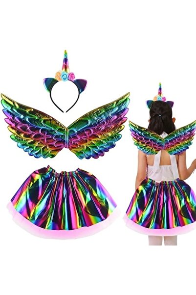 Glow Goods 3-Piece Unicorn Party Costume Set for Girls, Crown, Wings, Skirt, Size
