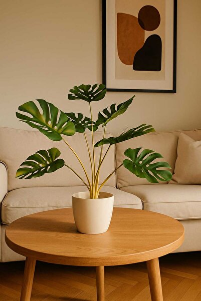 MAKİ DEKOR SAKSIDA YAPAY MONSTERA 60 CM ISLAK DOKULU DEKORATİF SALON OFİS BİT...