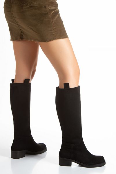ÜNAL ÖZER Unal Ozer Women's Black Suede Medium Size Heel Pulling Knee High Daily Boots Un001-0500