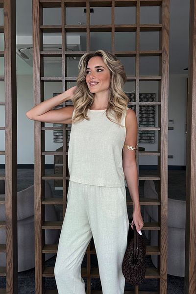 Laluvia Natural Necklace Blouse Trousers Set - 8757