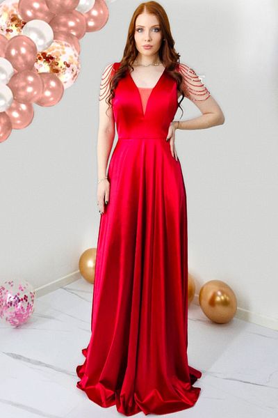 FashionForYou Leontina occasion dress, with satin texture and handcrafted crystals, Red, L