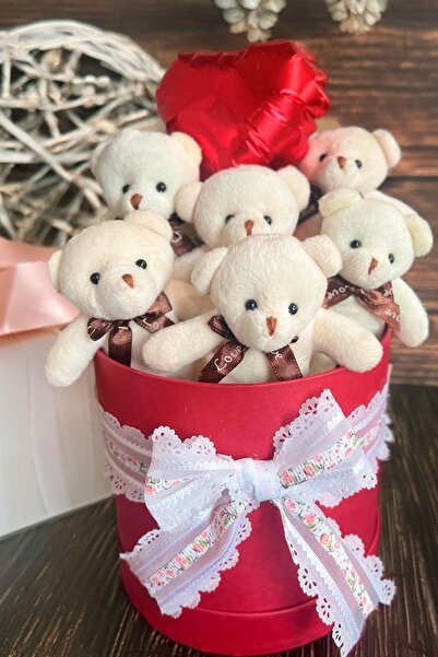 Solemia Premium Silindir Hediye Kutusunda, Kalpli Balonlu 6’lı Beyaz Ayıcık B...