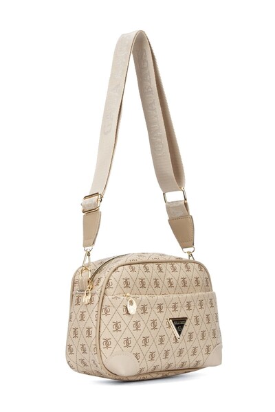Newish Women's Beige Monogram Patterned Long Strap Cross Shoulder Bag