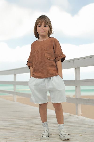 Catz Kids Boy's Ecru Muslin Shorts + Brown Muslin Back Button Shirt