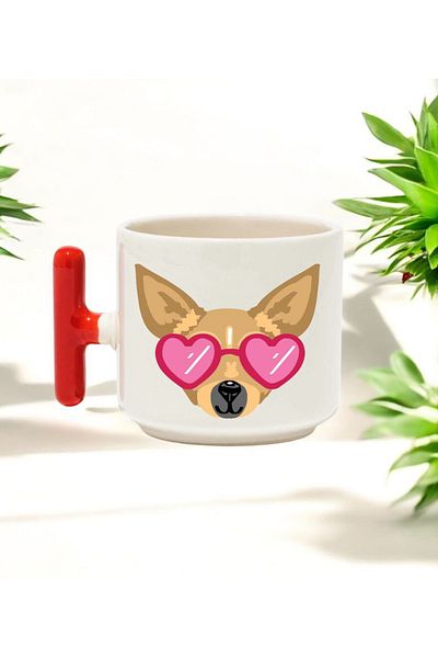BB TRADE Red T-Handled Ceramic Printed Mug with Glasses Dog Design 250 ml