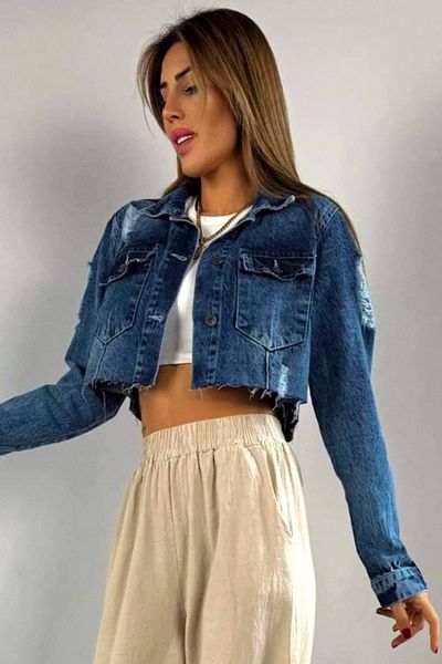 FashionForYou Corsica short denim jacket, with pockets and multiple perforations, Blue, S
