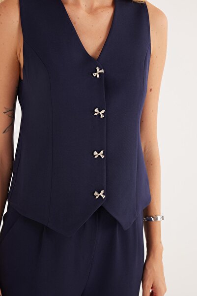 Tudors Women's Standard Fit Zero Sleeve Double Breasted Lapel Button Navy Blue Vest Pants Suit