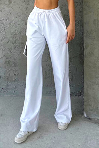 FashionForYou Pantaloni casual HIKE, croiala wide leg si snur in talie, Alb