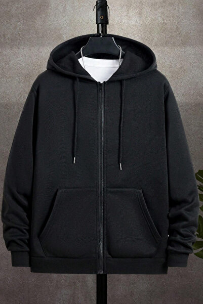 Tarz Cool Світшот унісекс Relax Fit комфортного крою з бавовняного флісу всередині з подвійною кишенею на блискавці Чорний світшот з капюшоном