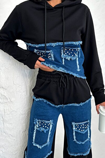 FashionForYou MIRRA Pearl casual set, with cotton and denim, Black