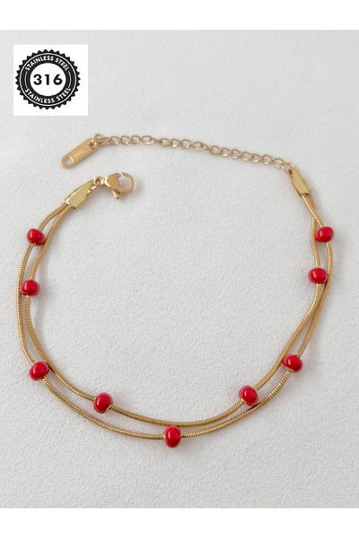 Siya Silver Steel Bracelet with Red Beaded Snake Chain - 316L Steel