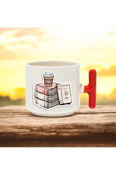 BB TRADE Coffee Books Designed Red t Handle Ceramic Printed Mug Cup 250 ml