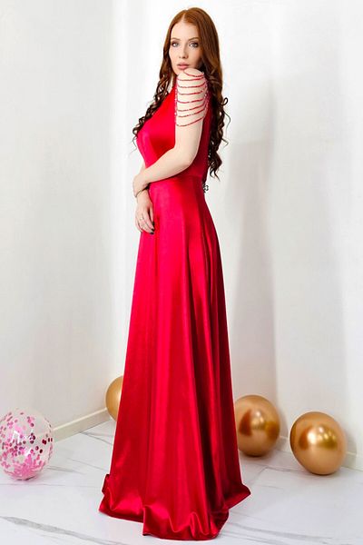 FashionForYou Leontina occasion dress, with satin texture and handcrafted crystals, Red, L