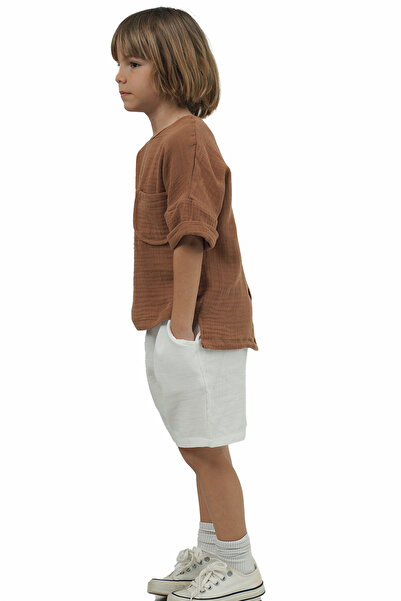 Catz Kids Boy's Ecru Muslin Shorts + Brown Muslin Back Button Shirt