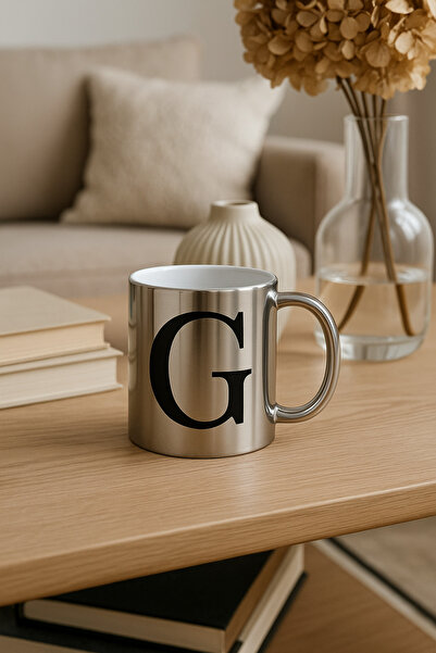 çokaş G Harfli Yazı Baskılı Gümüş Renk Büyük Boy Kupa Bardak