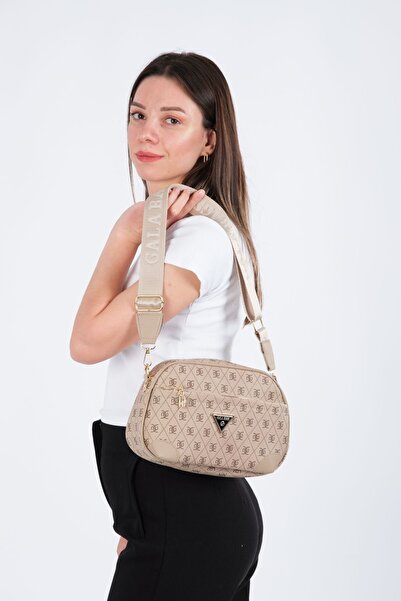 Newish Polo Geantă de umăr încrucișată cu curea lungă cu model monogramă bej pentru femei