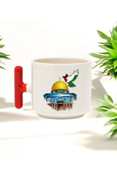 BB TRADE Al-Aqsa Mosque Designed Red T-Handled Ceramic Printed Mug 250 ml