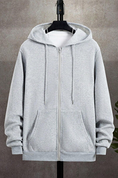 Tarz Cool Unisex Relax Fit Relax Cut Cotton Inner Fleece Double Pocket Zippered Gray Hooded Sweatshirt