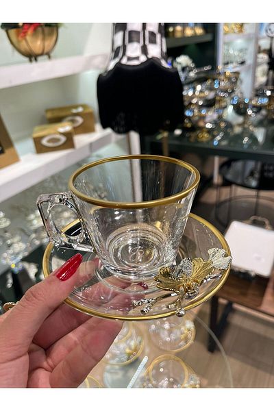 P&ORA PREMIUM KITCHEN PRODUCTS P&Ora Gold Detailed Butterfly 6 Persons 12 Pieces Tea Cup Coffee Cup