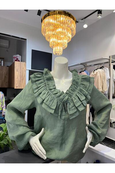 Butik büzgü fırfırlı yaka detay gömlek haki
