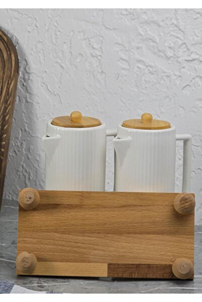 HomeTarz Porcelain Oil Pot Set - 2X600 ml with Wooden Stand