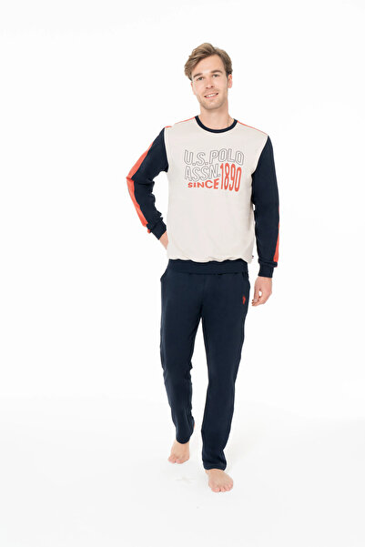 U.S. Polo Assn. Erkek Pijama Takımı, %100 Pamuk, Bisiklet Yaka, Uzun Kollu, Cepli, Polo 1890 Baskılı, Bej