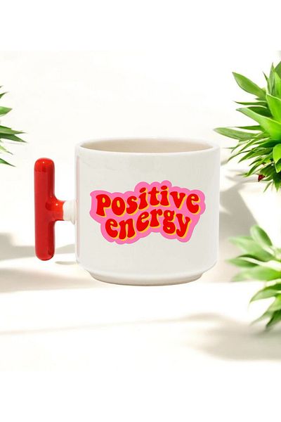 BB TRADE Positive Energy Designed Red T-Handle Ceramic Printed Mug 250 ml