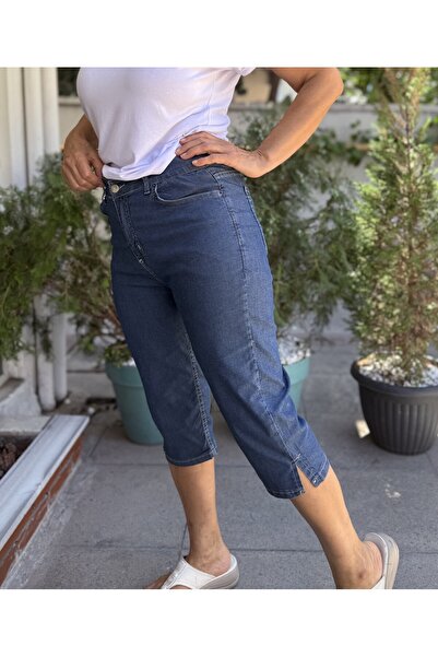 DenizEge Yırtmaçlı Kot Kapri Koyu Mavi