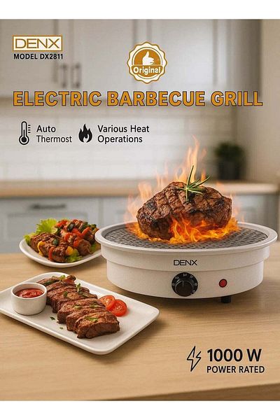 Denx Electric Barbecue Grill - Indoor BBQ Grill with Nonstick Surface, High-Efficiency Heating, Easy