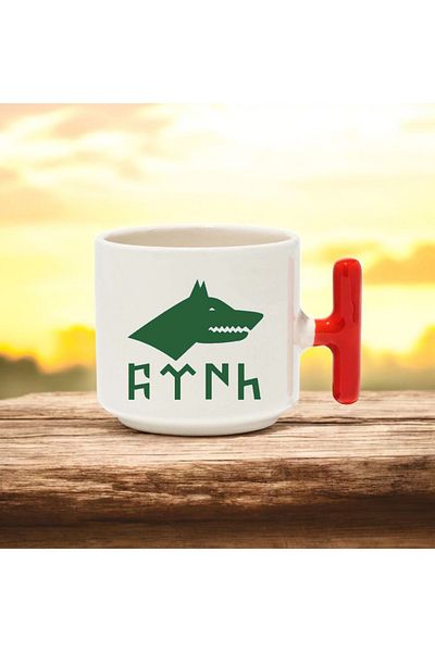 BB TRADE Gokturk Designed Red t Handle Ceramic Printed Mug Cup 250 ml