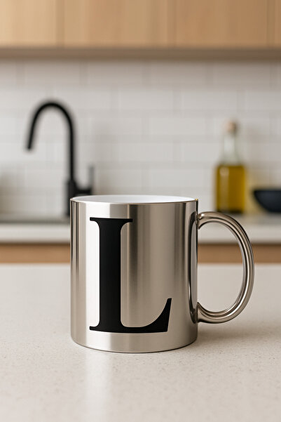 çokaş Letter L Text Printed Silver Color Large Size Mug Cup
