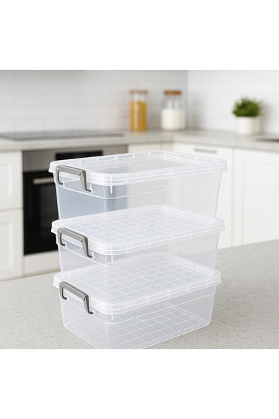 Kitchen Line Set of 3 Transparent Plastic Storage Boxes – Locking Lid, Food and Item Organizing Box 10 Liter