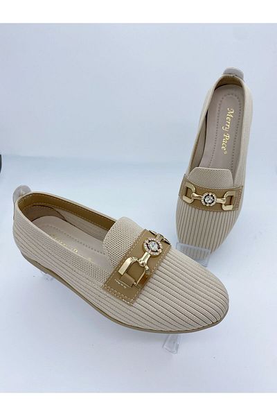 BURAK ALDAY SHOES Women's Stone Buckle Beige Knitwear Ballerina