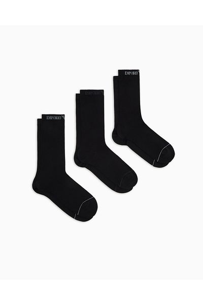 Emporio Armani Men's Ankle Logo Detail Flexible Cotton 3-Piece Black Socks Em000554 Af12276-Mc215