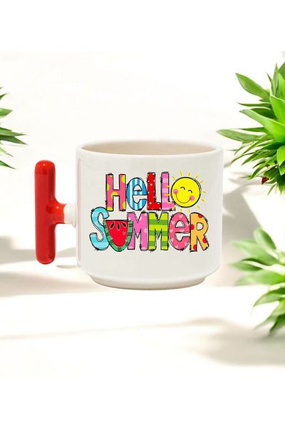 BB TRADE Hello Summer Designed Red t Handle Ceramic Printed Mug 250 ml