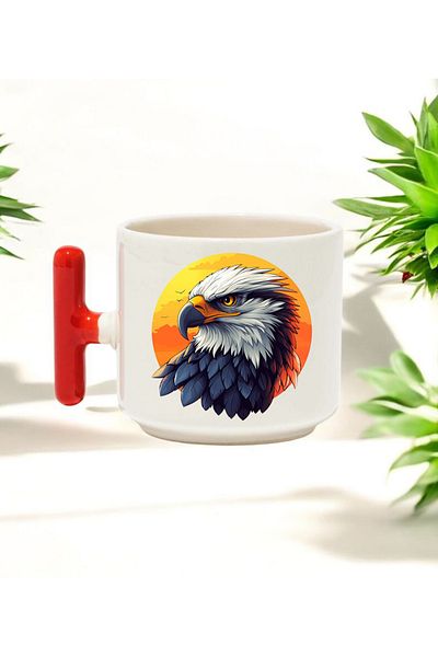 BB TRADE Red T-Handle Ceramic Printed Mug with Eagle Background Design 250 ml