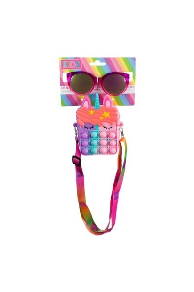 Bibilel Set ochelari de soare și husă pentru copii, model Pop it Unicorn, protecție UV 100%, +3 ani, roz