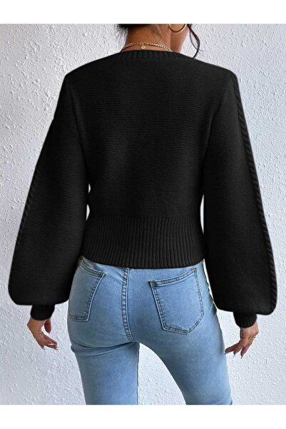 SAYZEN guler tip sandală mâneci balon tricotat pulover