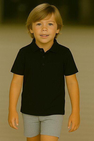 Kuraff Giyim Unisex Children's Solid Color Basic Polo Neck Short Sleeve Schoo...