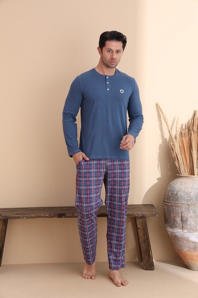 ELİTOL Indigo Plaid Pattern Button Long Sleeve Men's Pajama Set
